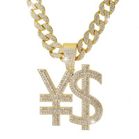 Collier Hip Hop avec pendentif lettre brillant en diamant, symbole du dollar américain et du yuan, pour danseurs hip-hop