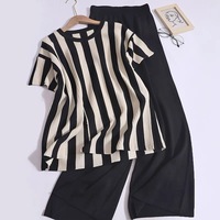 Conjunto de Dos Piezas de Punto para Mujer, Estilo Casual, Simple, a Rayas, con Abertura Lateral, para Verano, Otoño e Invierno