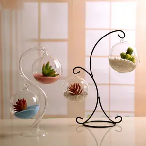 Supplier of round shape desktop hanging plant glass vase plant pot in iron metal flower display stand
