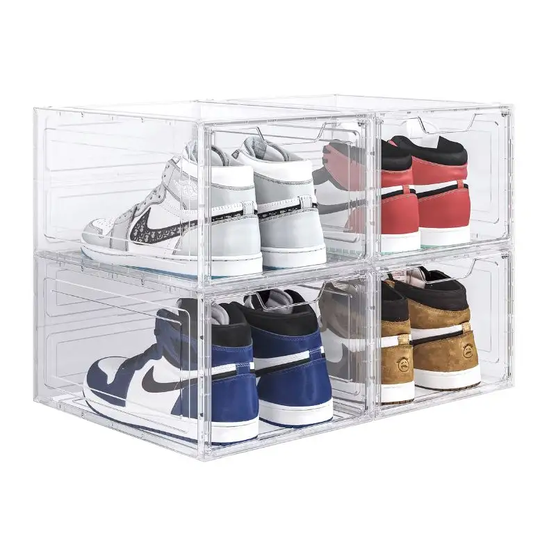 Large Plastic Collapsible Clear Shoe Racks Side Open Transparent Stackable Storage Foldable Box Black White Organizer