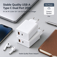 Pengisi Daya Dinding USB-A Tipe C Dual Port 20W 5V 3A 9V 2.25A 12V 1.8A Kualitas Stabil dengan Colokan EU untuk Ponsel, Kamera, Speaker, Pengisi Daya Cepat