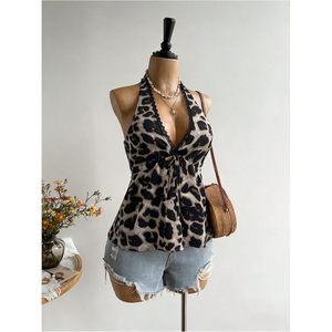 Haut licou peplum pour femme, imprimé léopard, dos nu, en mousseline, taille empire, pour l'été et les sorties - Product Image 3