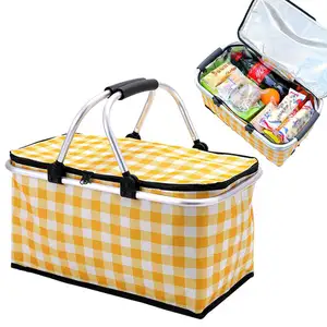 Custom Oxford Woven Collapsible Foldable Picnic Insulated Cooler Basket With Aluminium Handles
