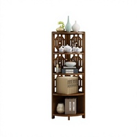 Étagère d'angle moderne en bambou naturel, cinq niveaux, étagères ouvertes, motif floral de fenêtre chinoise, pour salon