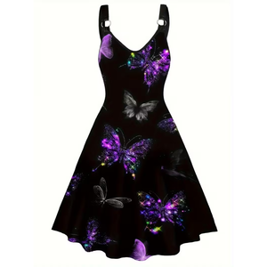 Abito midi da <span class=keywords><strong>donna</strong></span> elegante e sexy con stampa floreale a <span class=keywords><strong>farfalla</strong></span>, scollo a V, spalline all'americana e vita naturale - Product Image 1