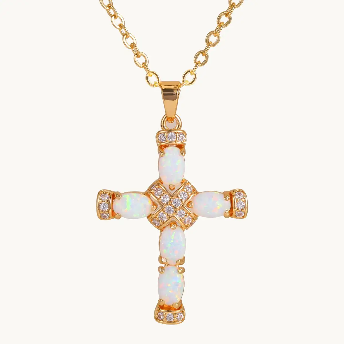 Элегантный религиозный крест кулон розовое золото с опаловым камнем ожерелье для мужчин для женщин