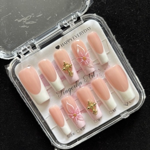 Juego de 10 Uñas Postizas Francesas de Alta Calidad con Diseño de Flor 3D, Uñas Postizas Talladas a Mano con Forma de Almendra - Product Image 5