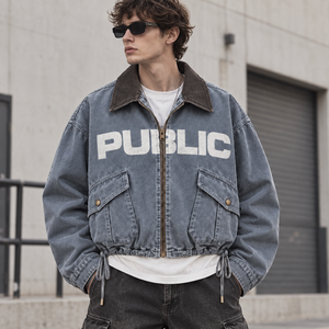 Customized Screen Print Zipper Short Loose Fit Denim <b>Jackets</b> 140z Casual Autumn <b>Wear</b> Unisex Corduroy Collar Men's Cropped <b>Jacket</b> - Product Image 3