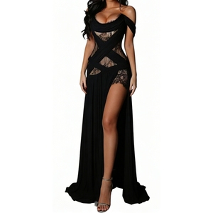 Robe de soirée longue sexy pour femme, épaules dénudées, en dentelle, avec bretelles croisées, robes de soirée formelles tendance - Product Image 5