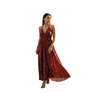 Burgundy Floral Woven <b>Silk</b> Chiffon V-neck Natural Waistline A-Line Mermaid Hem Floor-Length Boho Festival Summer Resort <b>Dress</b> - Product Image 1