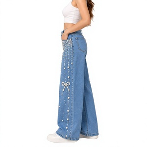 Women’s High Waist <b>Wide</b> <b>Leg</b> Jeans With Pearl Bead Embellishment And Bow Detail - Product Image 3