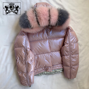 Veste bomber courte d'hiver Janefur, brillante, à <span class=keywords><strong>capuche</strong></span>, en duvet, pour femmes, vente en gros, veste à bulles, col en fourrure, veste en duvet - Product Image 3