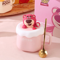 Mug en céramique Winnie l'ourson fraise 320 ml avec couvercle 3D en forme de poupée et cuillère en métal, coffret cadeau dessin animé, tasse à café/eau