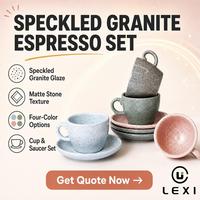 Ensemble tasse et soucoupe en céramique effet granit moucheté, bleu clair, vert sauge, rose poudré, gris, pierre mouchetée, finition mate, ensemble expresso quatre couleurs