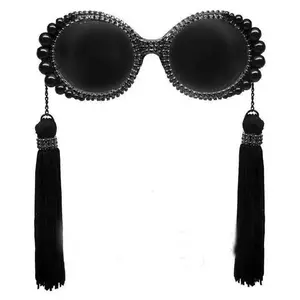 Rhinestone Vintage Sunglasses Wholesale Sun Glasses Long Tassel Pearl Women Oversized Black Trendy Glasses Anti UV 400 Unisex PC