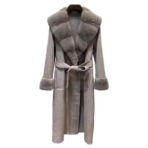 Grosir mantel kasmir asli wanita baru di pabrik, dengan kerah bulu asli mewah dan mantel wol panjang wanita