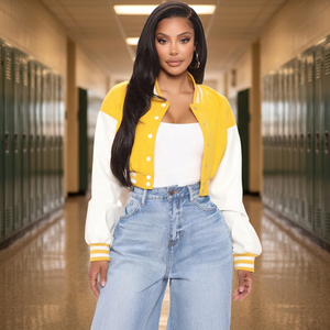 Women's Yellow <b>White</b> Varsity <b>Jacket</b> Full Sleeve Button Up Crop Top Solid Color Contrast Design Autumn Wear - Product Image 4