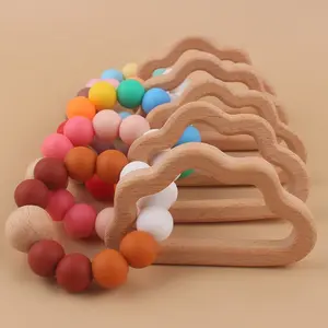 New Design Silicone Baby Teether Rattle Toy Wood Food Grade Wooden Cloud Ring Teether