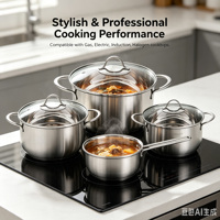Ensemble de casseroles en acier inoxydable de style américain, écologique et moderne, 8 pièces, avec couvercle en verre, sans revêtement, compatible induction