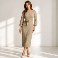Robe midi moderne de luxe en nylon et coton, unie, entièrement antistatique, tricotée, à manches longues et nœud, pour femme, idéale pour les stations hivernales, prête à être expédiée