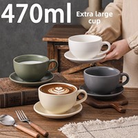 Ensemble tasse et soucoupe à café en céramique de style européen rétro mat, 470 ml, luxe léger, motif fleur de cabra, rond, pour la maison, le bureau, le café