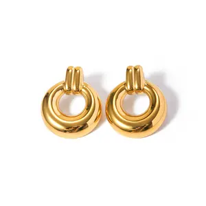 J&D Jewelry Geometric 18K PVD Gold Plated Geometric Stainless Steel Round Circle Line Hoop Earring