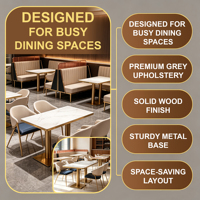 Mobilier de restaurant de luxe moderne pour centre commercial : banquettes en cuir beige, tables en marbre blanc, chaises bleu marine, accents dorés