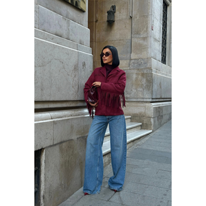 Burgundy <b>Suede</b> <b>Jacket</b> Tassels Softshell Outerwear Sheep Skin Leather Varsity <b>Bomber</b> Style Autumn Product Custom Logo Baseball - Product Image 5