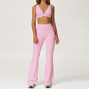 Deep V Neck Backless Eco-Friendly Yoga Gym Wear <strong>Dark</strong> <strong>Brown</strong> Solid Breathable Four-Way Stretch Front Logo Woman Mockup <strong>Leggings</strong> - Product Image 4