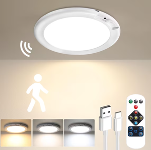 Plafonnier rechargeable à détecteur de mouvement avec télécommande, magnétique, sans fil, alimenté par batterie, 400LM, dimmable, 3 couleurs, pour placard et douche - Product Image 1