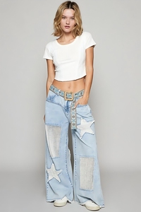 <span class=keywords><strong>Jeans</strong></span> de Mujer de Pierna Ancha y Corte Recto con Lavado Claro y Parches de Estrellas, Diseño Nuevo, Ajuste Holgado, Mezclilla con Parches para Mujer - Product Image 4