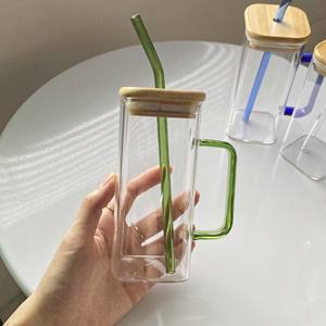 Gobelet carré en verre avec poignée et couvercle en bambou, résistant aux hautes températures, tasse transparente résistante à la chaleur - Product Image 5