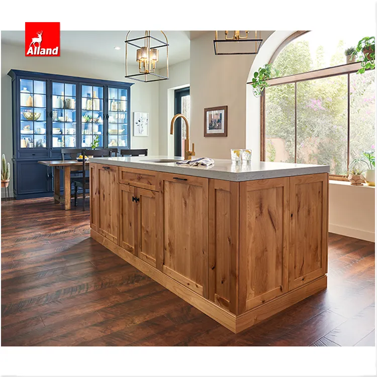 Кухонная мебель в американском стиле Allandcabinet с утопленной рамкой, двухцветный кухонный шкаф синего цвета с шейкером, окрашенным островом