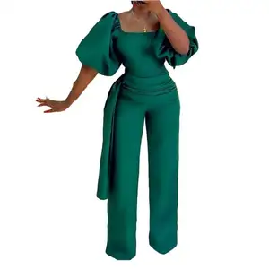 Summer 2024 New Plus Size High Waist Lantern Sleeves Women Green Jumpsuit