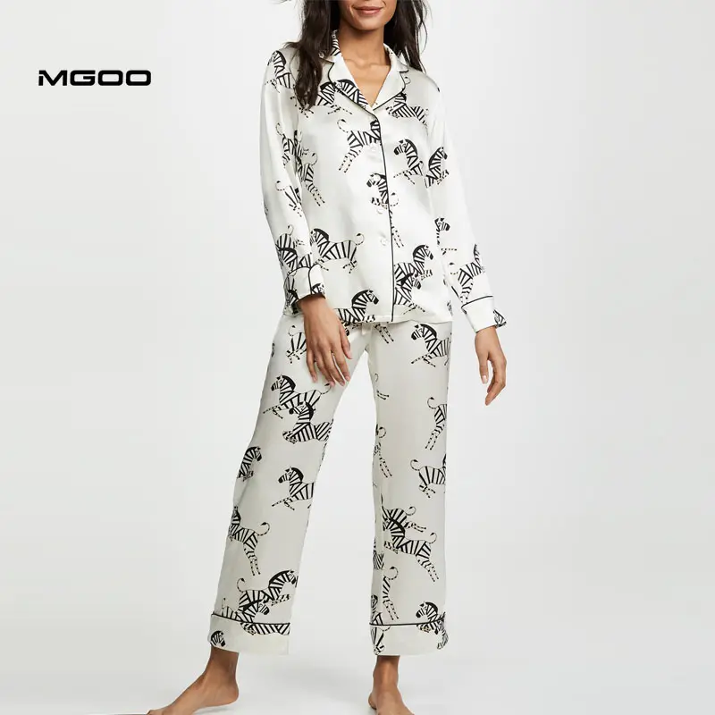 MGOO सफेद साटन उच्च बनाने की क्रिया प्रिंट ज़ेबरा महिलाओं पजामा लंबी Sleecve शीर्ष Nightwear सेट पशु ग्राफिक पाजामा