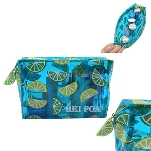 Large capacity Waterproof Blue PVC Lemon Allover Print Cosmetic Bag Fruit Pattern Makeup Pouch With Custom Logo