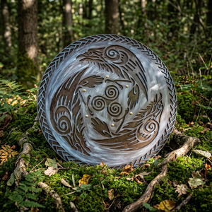 Escudo Vikingo TMI - Diseño Medieval con Técnica de Metal Pulido, Patrón de Cuervo Eivor Valhalla - Product Image 1
