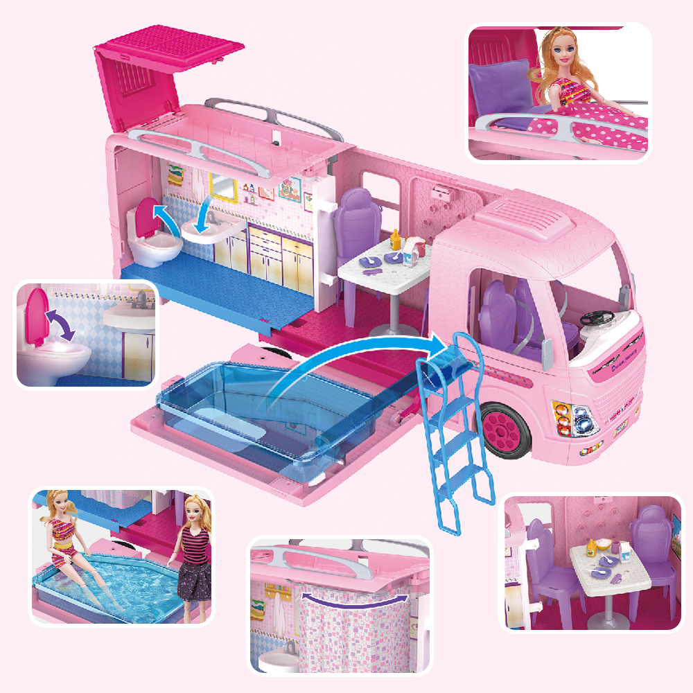 Игрушечный домик KSF, игрушечный Автомобильный дом, походный лагерь, автомобиль, модель грузовика с Барби, пластиковая мебель, кукольный домик, автомобиль