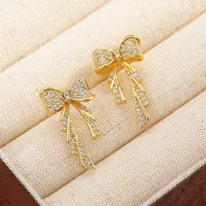 New 18k Gold Plated Jewelry Micro Inlaid Zircon Full Diamond copper Tassel Bow Exquisite Long Stud Earrings for Women and girls