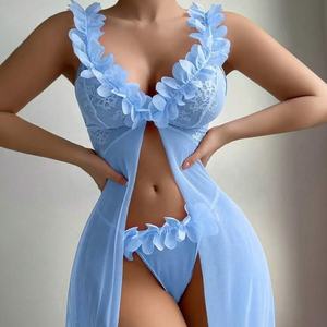 ثوب نوم الأميرة الحلو الوردي شبكة صيد السمك رداء دانتيل زهري شفاف من خلال فتحة رقبة حرف V مفتوح من الأمام قميص طويل من قطعة واحدة - Product Image 2