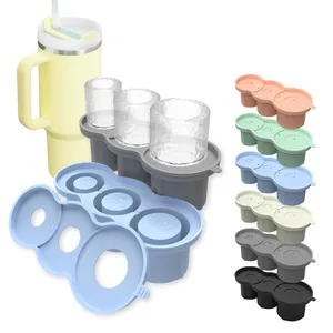 Fridge Stanley Ice Cube Tray Mould, Silicone Ice Cube Maker with Lid for Making 3 Hollow Cylinder Ice Cube Molds