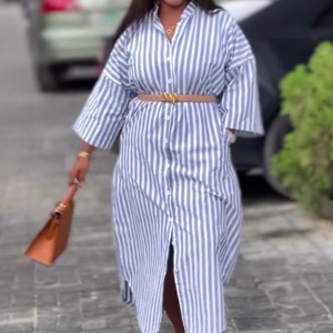 Vestido Casual Africano para Mujer, Talla Grande, Nuevo, a Rayas, con Cuello Camisero y Manga Tres Cuartos, a la Moda - Product Image 1