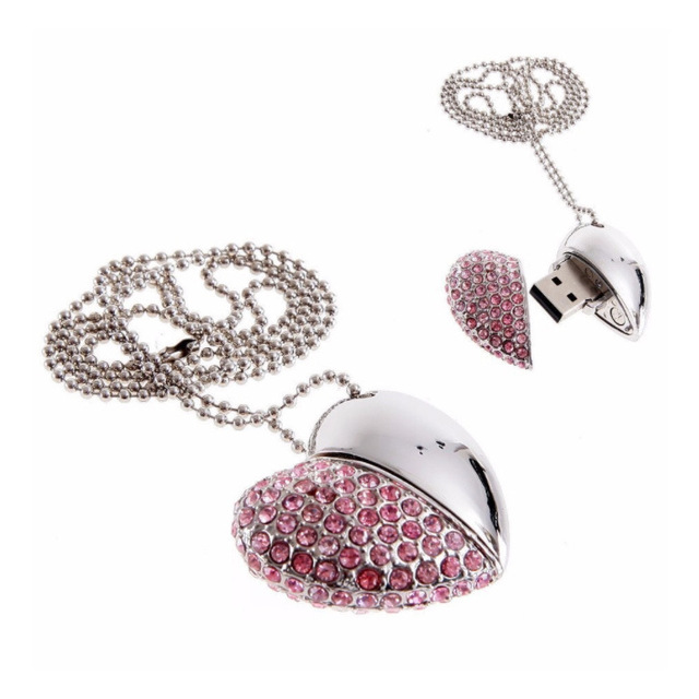 Promotional Heart Shaped Diamond Crystal Love Necklace USB Flash Drive 2.0 Interface 128MB 2GB 4GB 8GB 64GB Jewelry Flash Drive