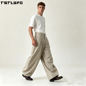 Pantalon plissé structuré à carreaux OEM/ODM, coupe large et ample, style japonais, vente en gros - Product Image 1
