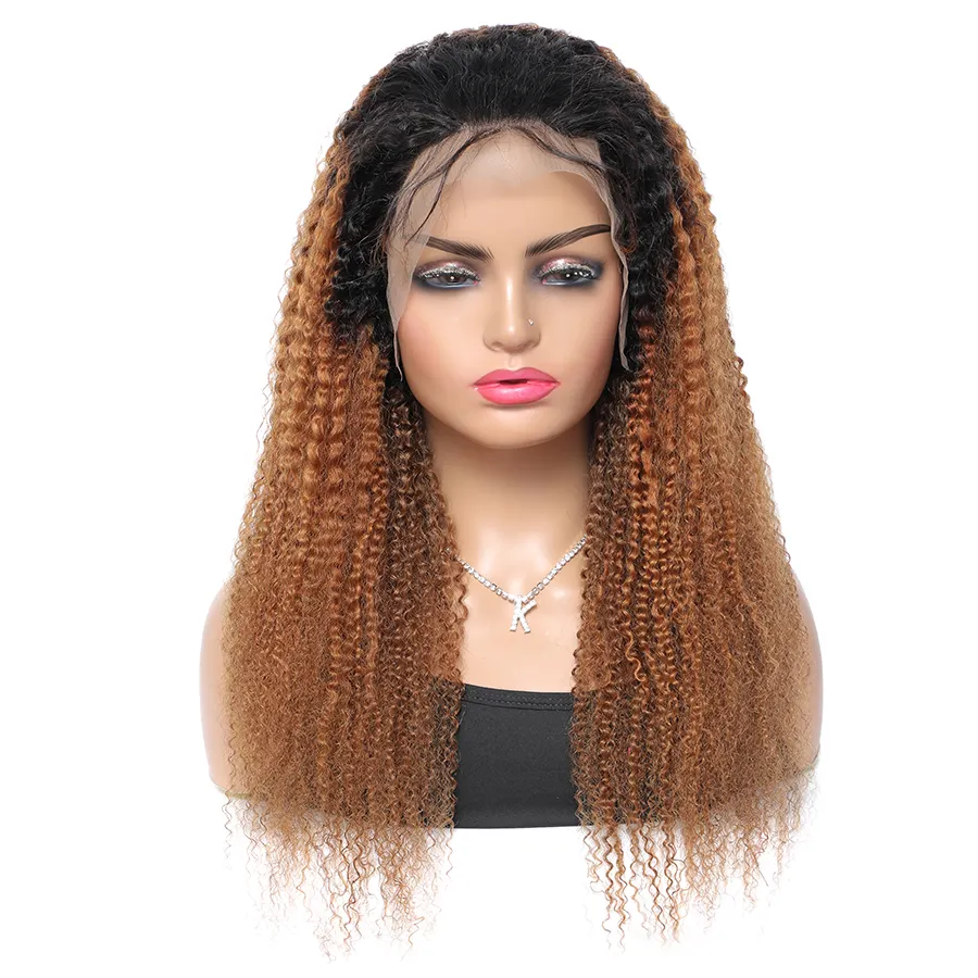 Perruque Lace Front Wig naturelle, cheveux Remy, crépus bouclés, deux tons ombré 1B/30, densité 180%, pour femmes africaines, racines foncées, vente en gros
