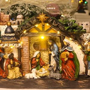 Handgeschilderde Hars Kerststal Set Voor Kerst Led Light Schilderijen Van Jezus Christus Religieus Kerstdecor - Product Image 3