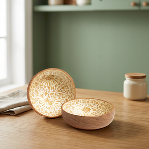 Cuencos de madera hechos a mano con diseño floral estilo Wabi Sabi para servir comida en casa, ecológicos, para acampar, personalizados y reutilizables - Product Image 1