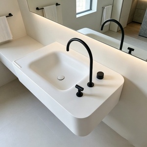 Lavabo de Baño Integrado de Piedra Artificial Personalizado OEM, Mueble de Baño de Superficie Sólida Acrílica con Ranura de Drenaje para Hotel o Villa - Product Image 1