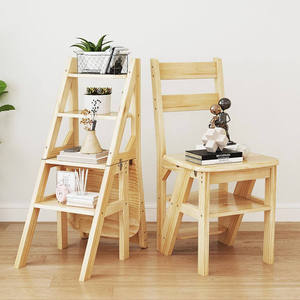 Wooden Ladder Chair 4 Tier Foldable Step <b>Stool</b> Bookshelf Storage Rack Living Room Office Organizer - Product Image 2