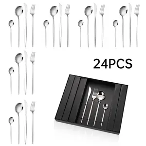 24 Pcs Luxury Forged Wedding Stainless Steel Silverware Set Forks And Spoons Silver Flatware Set